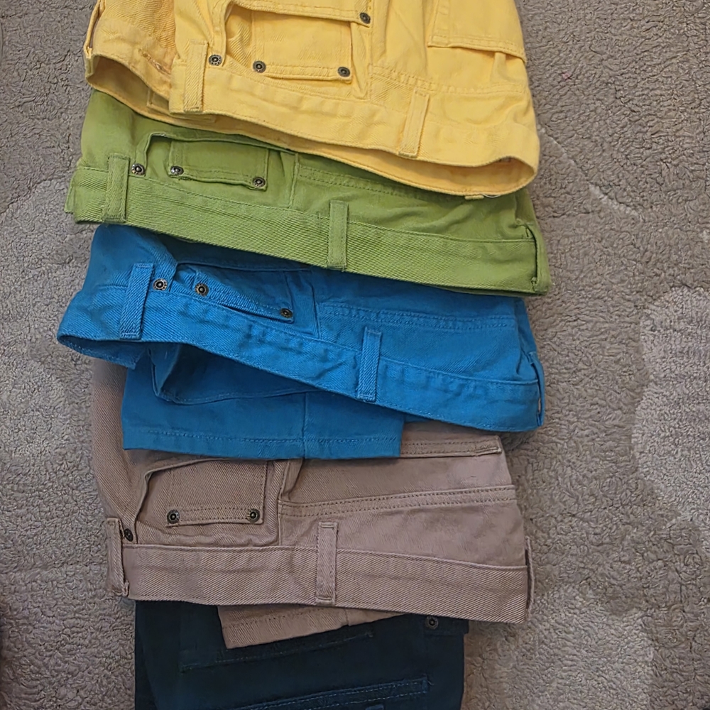 Women's Straight Leg Jeans -Yellow, green, Bright blue, and taupe. Jeanology.